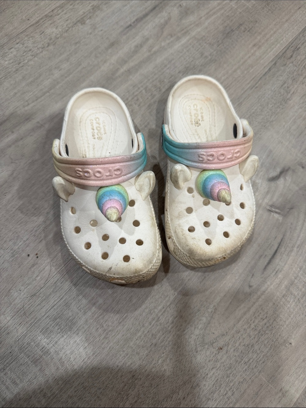 CROCS Kids White Clogs with Pastel Rainbow Unicorn Accents
